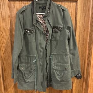 POL Studded Military Utility Jacket Olive Green Leopard L Large